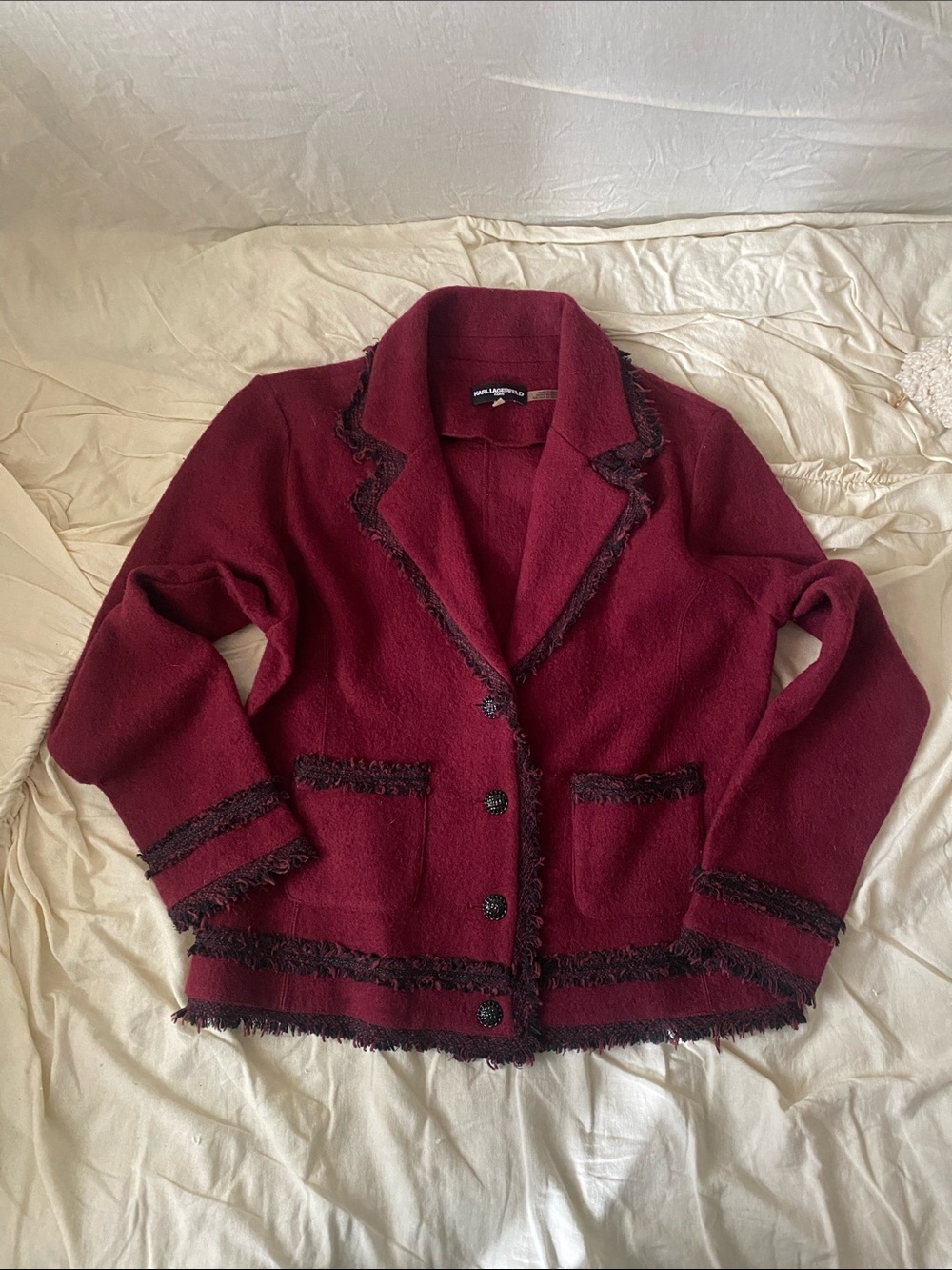 Karen Kane Burgundy Frayed-Trim Wool-Blend Blazer
